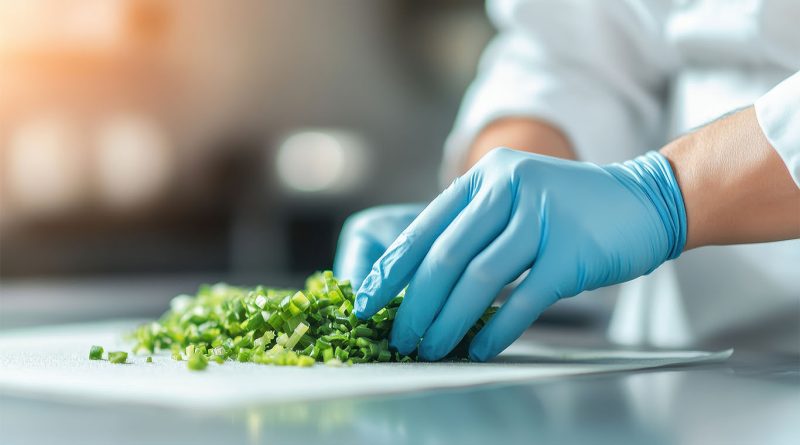 Person chopping green onions in food prep environment with FDA-Approved Gloves