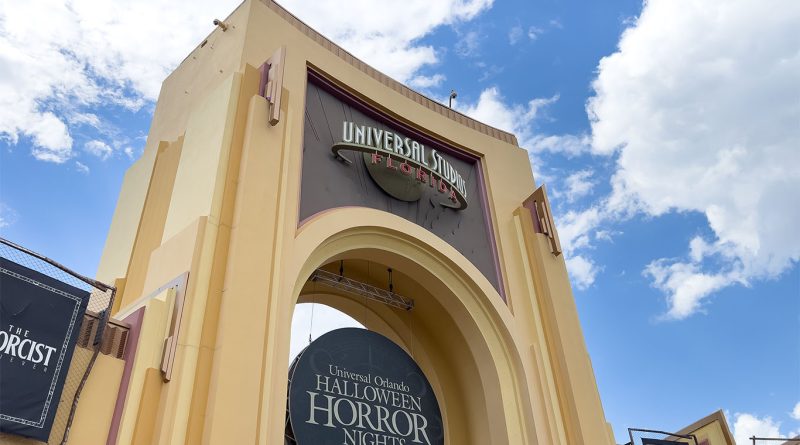 A Halloween-themed food and drink spread with spooky desserts and glowing cocktails at Universal Studios