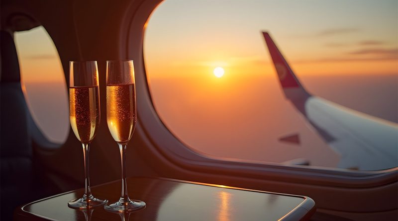 Glass of Dom Pérignon Rosé 2009 served on Emirates First Class tray table with cabin interior in background