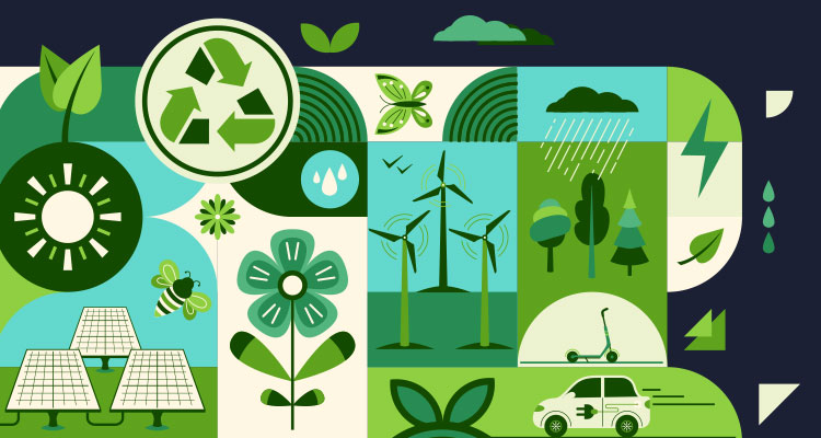 illustration representing various aspects of a sustainable environment and green energy.