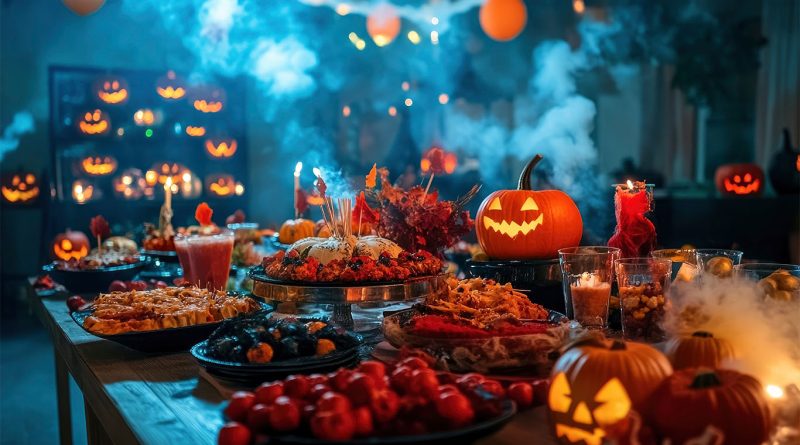 A Halloween-themed party table with savoury dishes including spider web dip, mummy hot dogs, and jack-o'-lantern stuffed peppers surrounded by festive decorations.