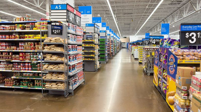 Walmart grocery aisle with private label food products on display