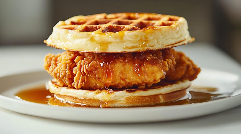 Chick-fil-A chicken and waffle sandwich with crispy chicken, maple waffles, and smoked bacon served in a branded wrapper