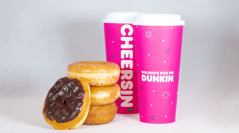 Dunkin’s Cookie Butter Cloud Latte and Berry Sangria Refresher featured in holiday-themed packaging