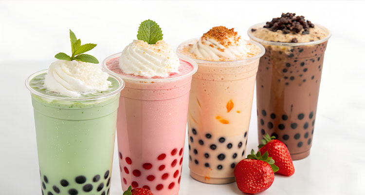 an assortment of four different bubble tea beverages in clear plastic cups