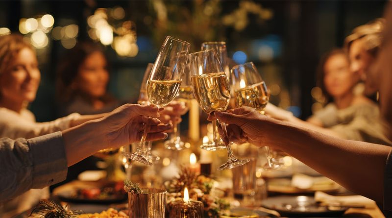 A festive table setting featuring elegant non-alcoholic and functional holiday drinks