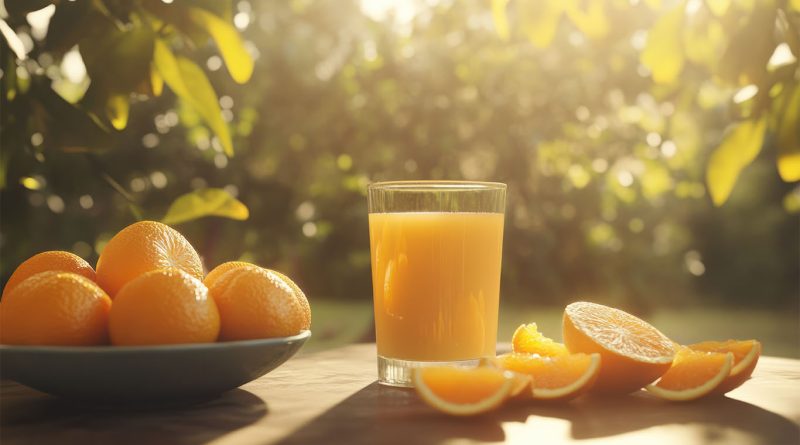 Glass of orange juice on a breakfast table with heart-health-themed icons in the background
