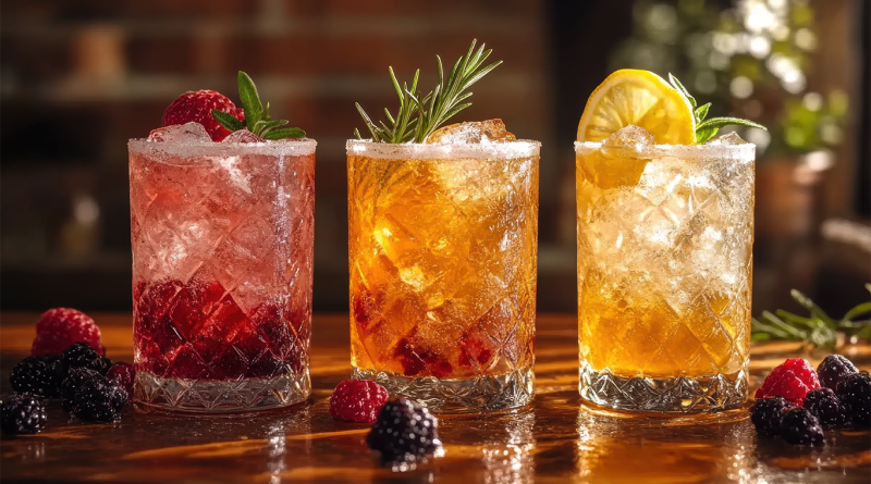 Three colorful mocktails in glass tumblers, garnished with fresh fruit and herbs, on a wooden surface.