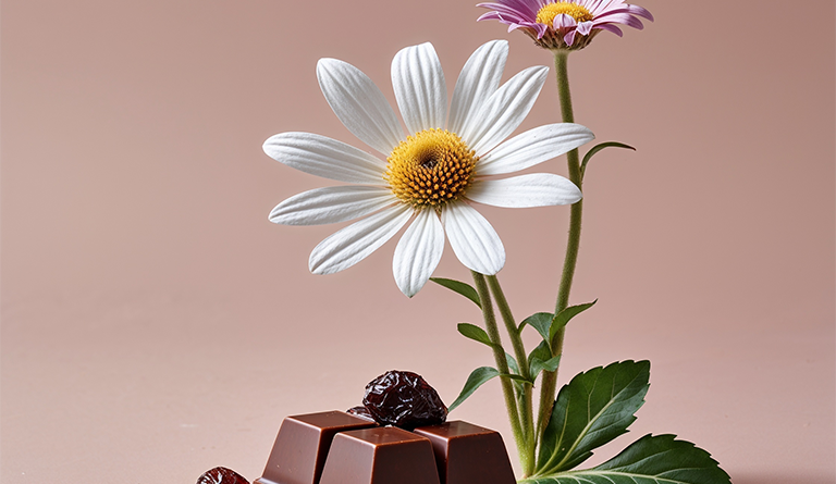 Dark chocolate bar with dried fruit beside blooming white and purple daisies on a soft pink background.