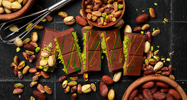 a Dubai-style chocolate bar filled with pistachio praline and crunchy kunafa.