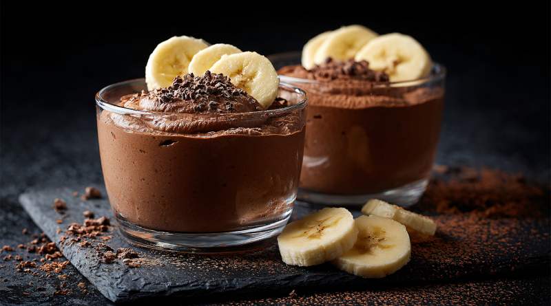 Gemini said Two glasses of rich chocolate protein pudding are garnished with sliced bananas and cocoa nibs on a dark slate surface.