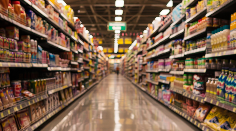 Blurred view down a brightly lit supermarket aisle with shelves stocked with packaged food and household products on both sides